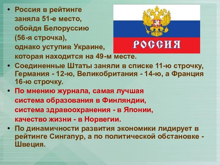 Россия в рейтинге заняла 51-е место, обойдя Белоруссию (56-я строчка), однако