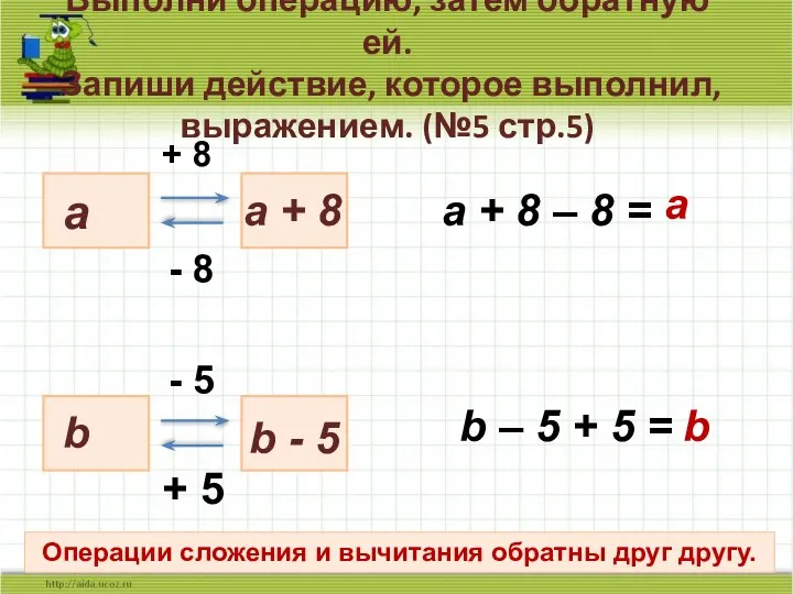 Выполни операцию, затем обратную ей. Запиши действие, которое выполнил, выражением. (№5