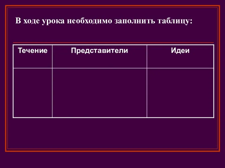 В ходе урока необходимо заполнить таблицу: