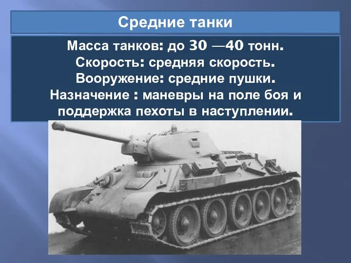 Средние танки Масса танков: до 30 —40 тонн. Скорость: средняя скорость.