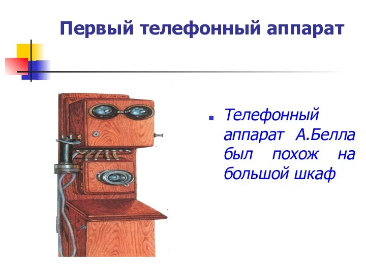 Первый телефонный аппарат Телефонный аппарат А.Белла был похож на большой шкаф