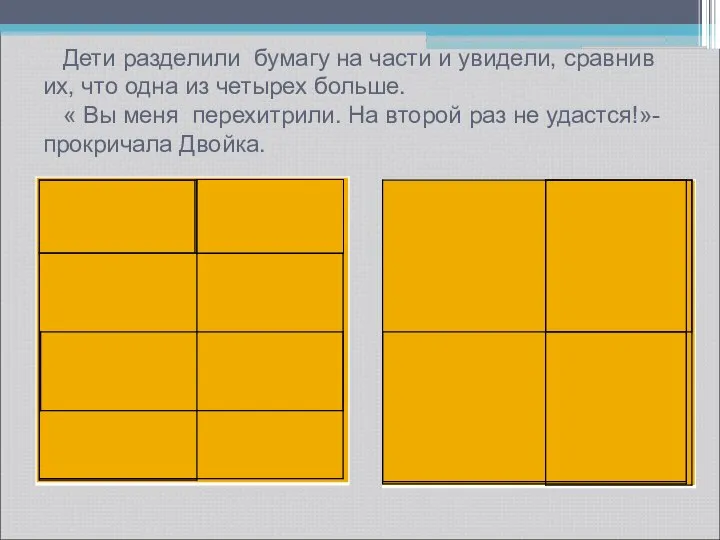 Дети разделили бумагу на части и увидели, сравнив их, что одна