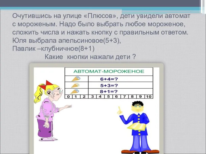 Очутившись на улице «Плюсов», дети увидели автомат с мороженым. Надо было