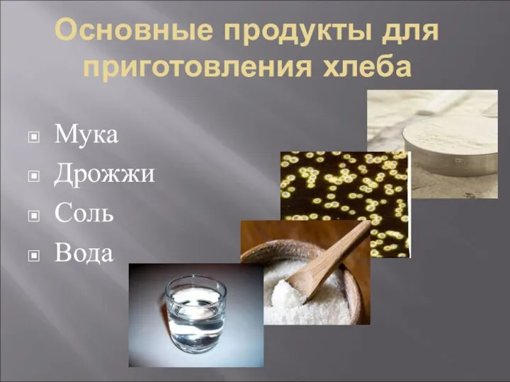 Основные продукты для приготовления хлеба Мука Дрожжи Соль Вода