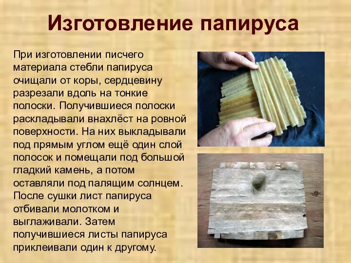 Изготовление папируса При изготовлении писчего материала стебли папируса очищали от коры,