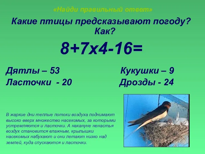 «Найди правильный ответ» Какие птицы предсказывают погоду? Как? 8+7х4-16= Дятлы –