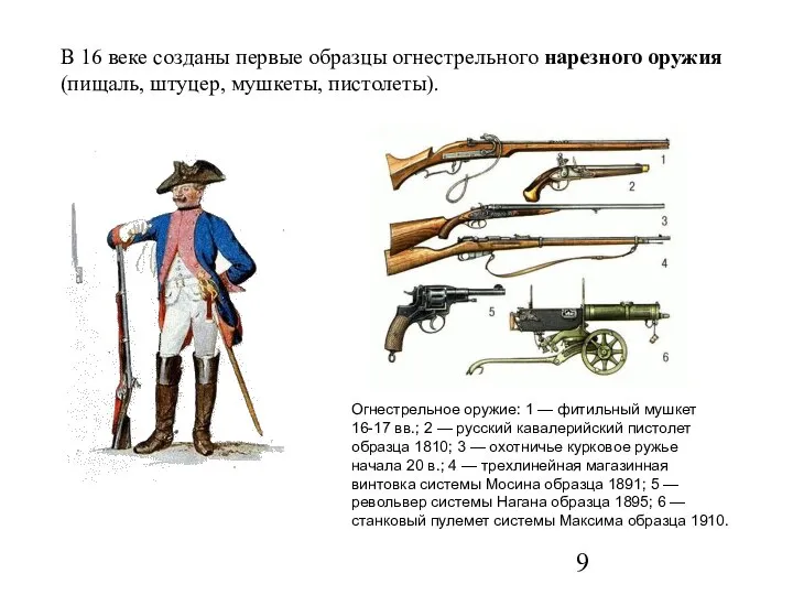 В 16 веке созданы первые образцы огнестрельного нарезного оружия (пищаль, штуцер,