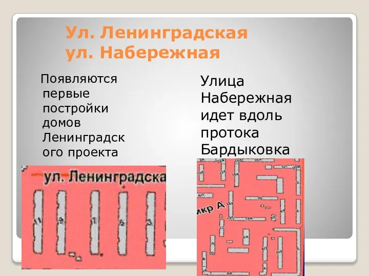 Ул. Ленинградская ул. Набережная Появляются первые постройки домов Ленинградского проекта Улица Набережная идет вдоль протока Бардыковка