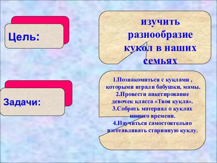 Цель: изучить разнообразие кукол в наших семьях Задачи: 1.Познакомиться с куклами