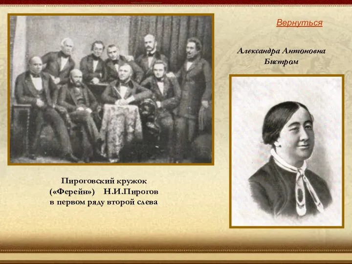 Пироговский кружок («Ферейн») Н.И.Пирогов в первом ряду второй слева Вернуться Александра Антоновна Бистром