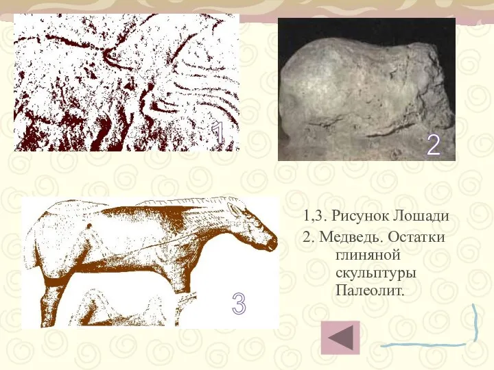 1,3. Рисунок Лошади 2. Медведь. Остатки глиняной скульптуры Палеолит. 1 2 3