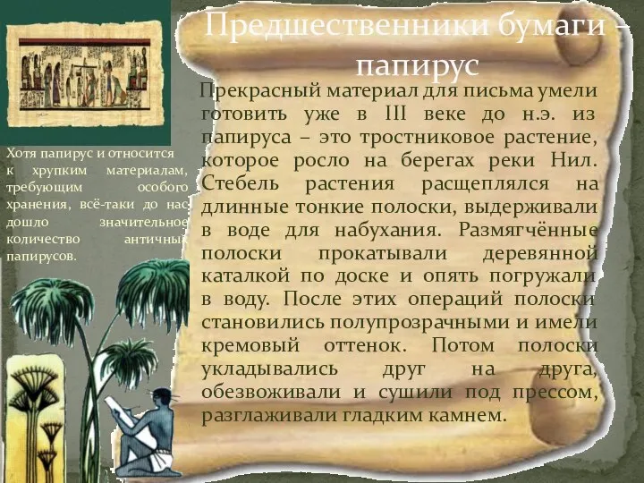 Предшественники бумаги – папирус Прекрасный материал для письма умели готовить уже