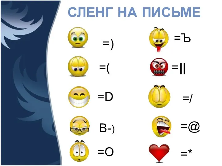 =D =( =) B-) =O =Ъ =|| =/ =@ =* СЛЕНГ НА ПИСЬМЕ