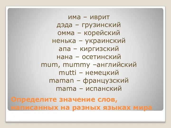 Определите значение слов, написанных на разных языках мира има – иврит