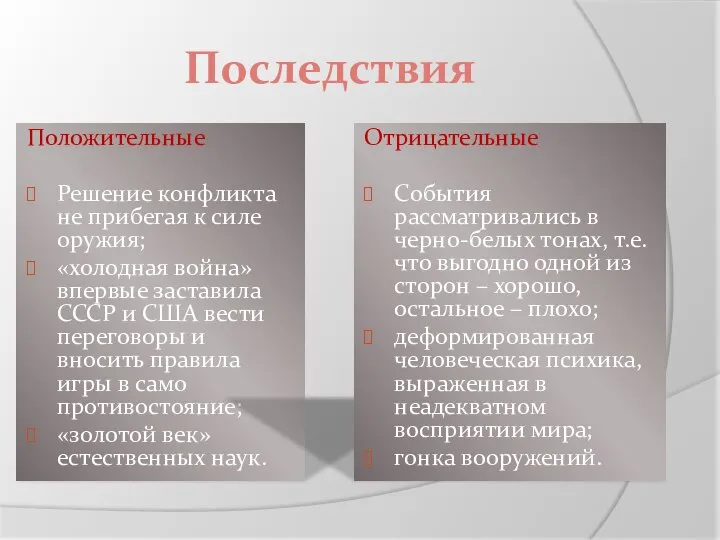 Положительные Решение конфликта не прибегая к силе оружия; «холодная война» впервые