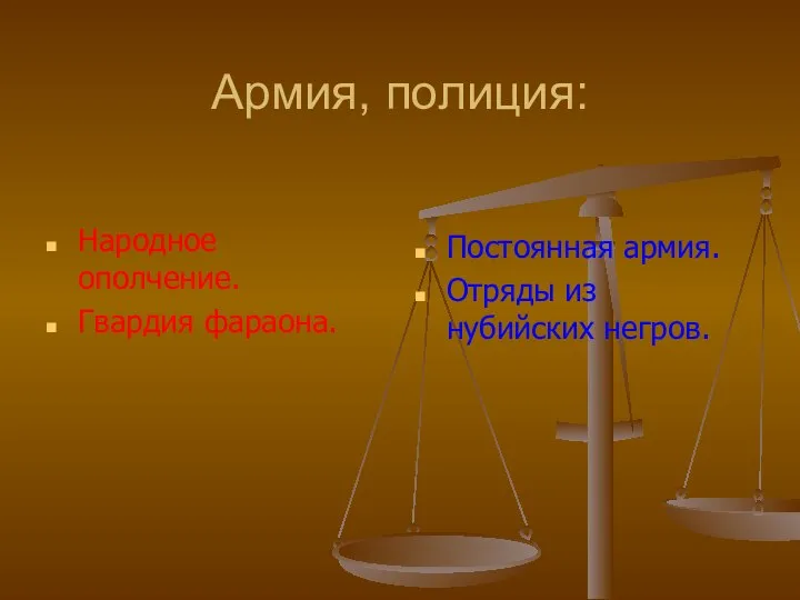 Армия, полиция: Народное ополчение. Гвардия фараона. Постоянная армия. Отряды из нубийских негров.