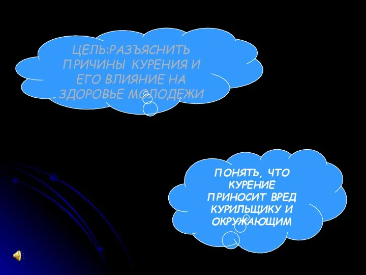 ЦЕЛЬ:РАЗЪЯСНИТЬ ПРИЧИНЫ КУРЕНИЯ И ЕГО ВЛИЯНИЕ НА ЗДОРОВЬЕ МОЛОДЕЖИ ПОНЯТЬ, ЧТО