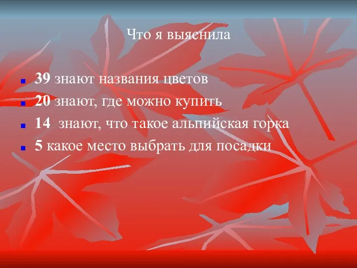 Что я выяснила 39 знают названия цветов 20 знают, где можно