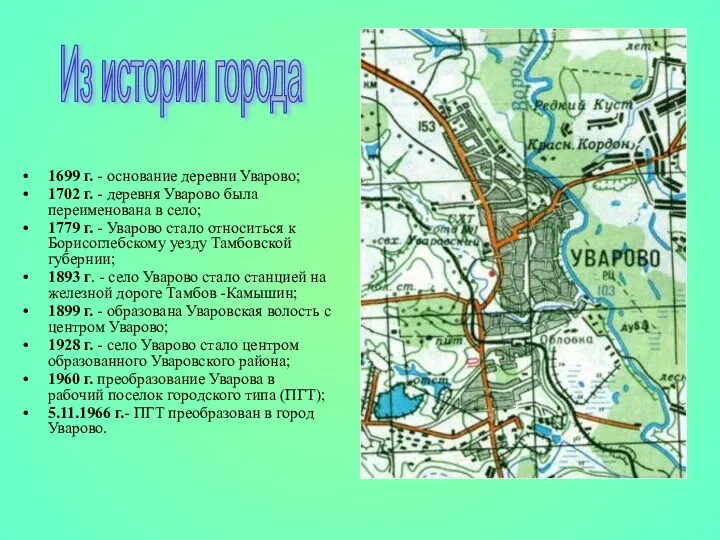 1699 г. - основание деревни Уварово; 1702 г. - деревня Уварово
