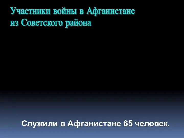 Участники войны в Афганистане из Советского района Служили в Афганистане 65 человек.