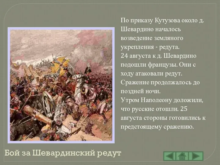 Бой за Шевардинский редут По приказу Кутузова около д.Шевардино началось возведение