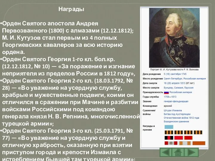 Награды Орден Святого апостола Андрея Первозванного (1800) с алмазами (12.12.1812); М.