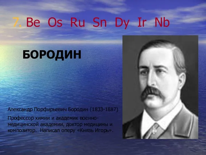 7. Be Os Ru Sn Dy Ir Nb БОРОДИН Александр Порфирьевич