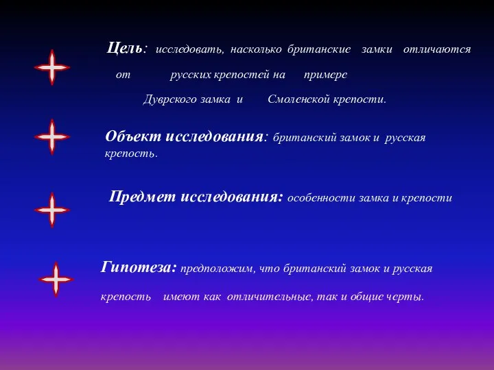 Цель: исследовать, насколько британские замки отличаются от русских крепостей на примере