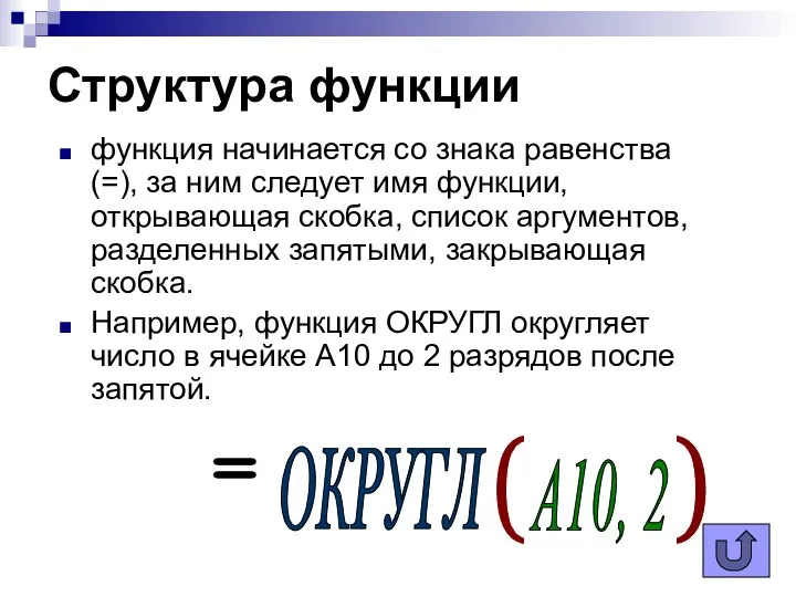 Структура функции функция начинается со знака равенства (=), за ним следует