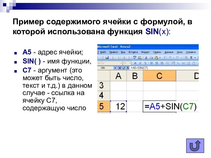 Пример содержимого ячейки с формулой, в которой использована функция SIN(x): А5