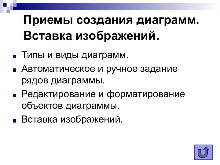 Приемы создания диаграмм. Вставка изображений. Типы и виды диаграмм. Автоматическое и