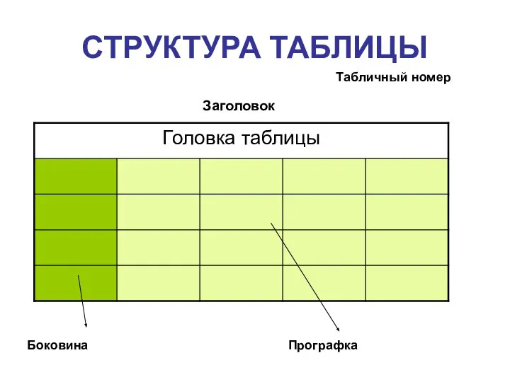 СТРУКТУРА ТАБЛИЦЫ Табличный номер Заголовок Боковина Прографка