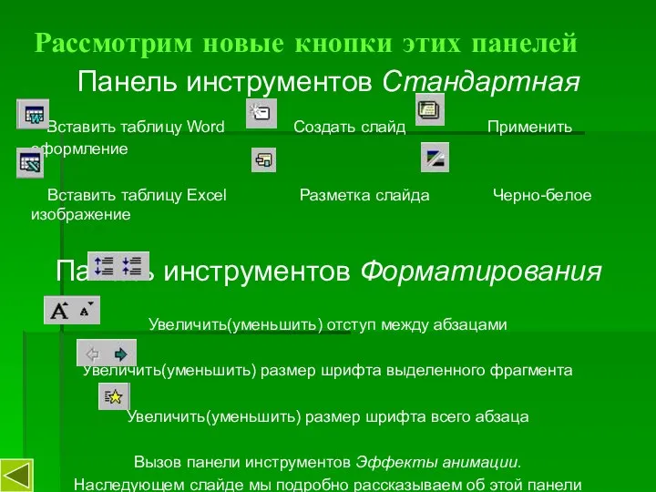 Рассмотрим новые кнопки этих панелей Панель инструментов Стандартная Вставить таблицу Word