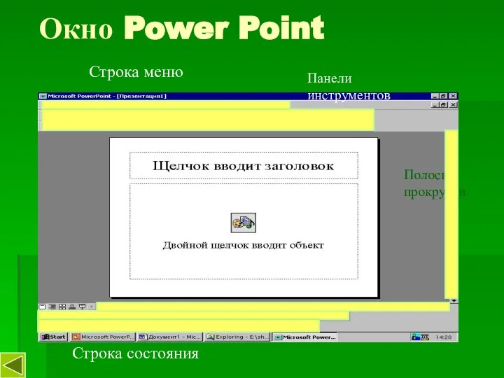 Окно Power Point Строка меню Панели инструментов Полосы прокрутки Строка состояния