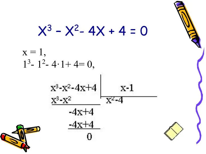 Х3 – Х2- 4Х + 4 = 0 х = 1, 13- 12- 4·1+ 4= 0,