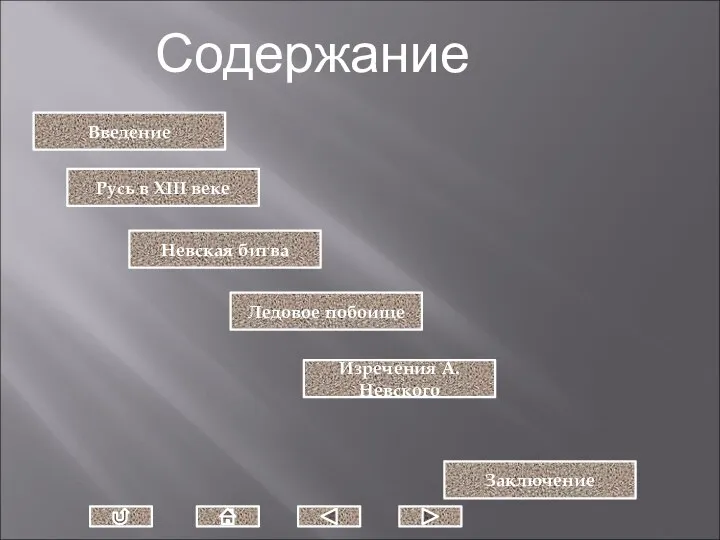 Содержание Введение Русь в XIII веке Невская битва Ледовое побоище Заключение Изречения А.Невского