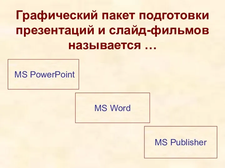 Графический пакет подготовки презентаций и слайд-фильмов называется … MS PowerPoint MS Word MS Publisher