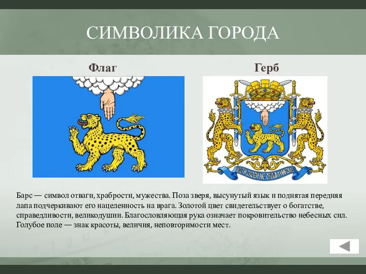 СИМВОЛИКА ГОРОДА Флаг Герб Барс — символ отваги, храбрости, мужества. Поза