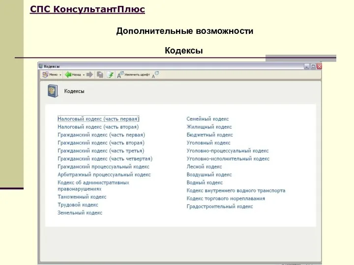 Дополнительные возможности СПС КонсультантПлюс Кодексы