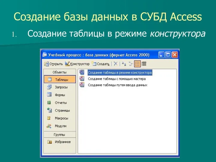 Создание базы данных в СУБД Access Создание таблицы в режиме конструктора