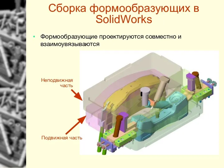 Сборка формообразующих в SolidWorks Формообразующие проектируются совместно и взаимоувязываются Неподвижная часть Подвижная часть