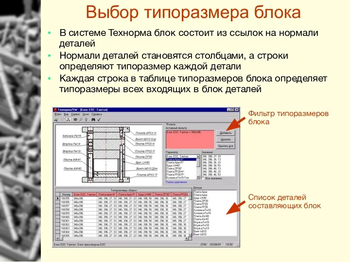 Выбор типоразмера блока В системе Технорма блок состоит из ссылок на