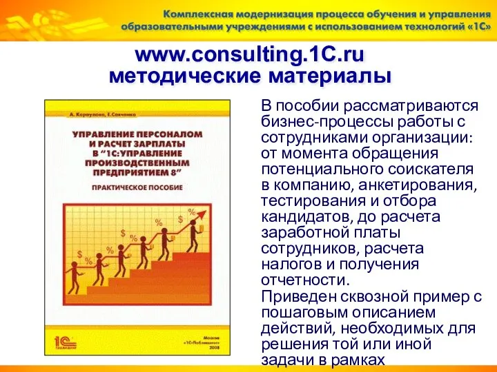 www.consulting.1C.ru методические материалы В пособии рассматриваются бизнес-процессы работы с сотрудниками организации: