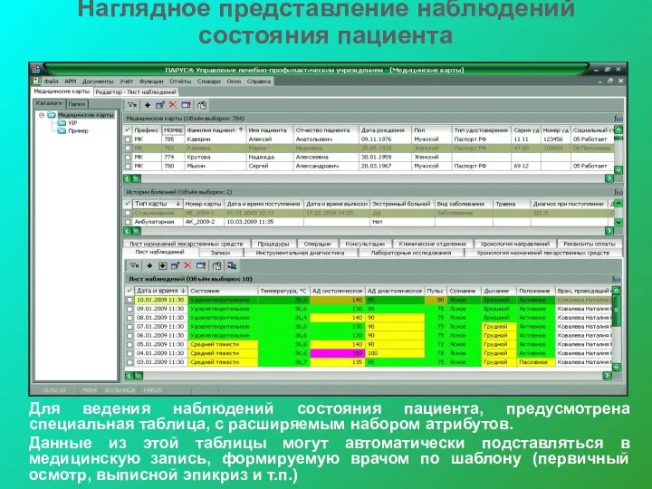 Наглядное представление наблюдений состояния пациента Для ведения наблюдений состояния пациента, предусмотрена