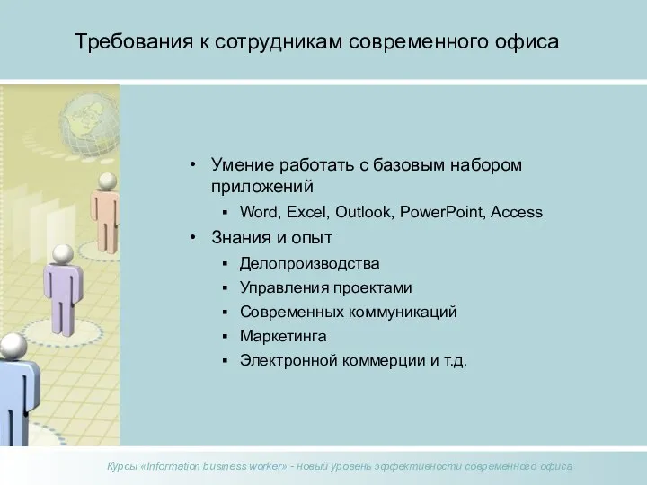 Требования к сотрудникам современного офиса Умение работать с базовым набором приложений