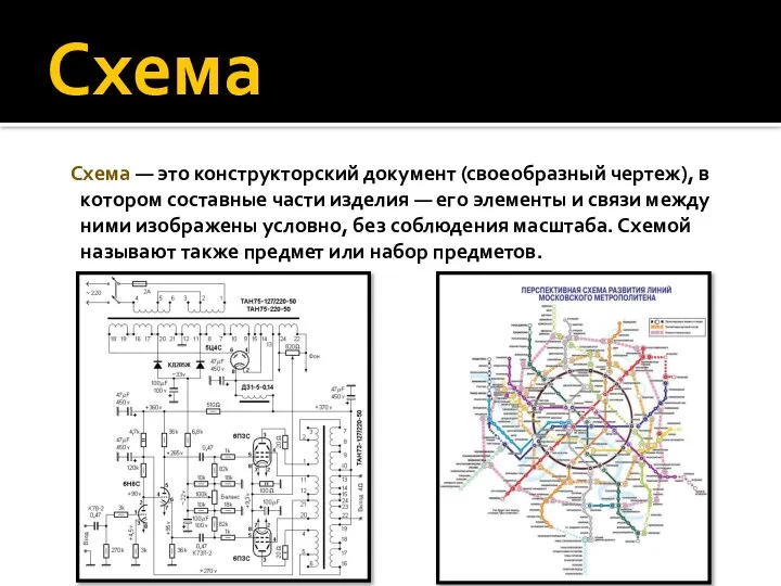 Схема Схема — это конструкторский документ (своеобразный чертеж), в котором составные