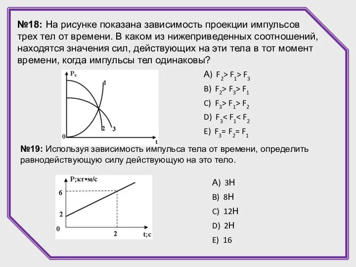 №18: На рисунке показана зависимость проекции импульсов трех тел от времени.