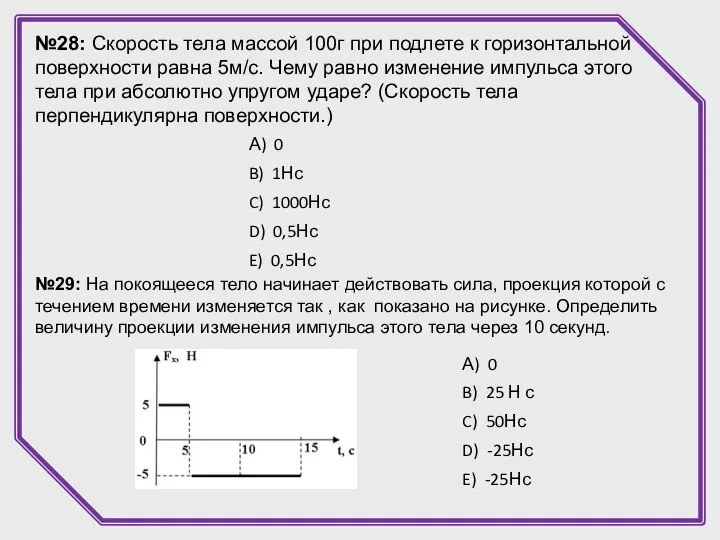 №28: Скорость тела массой 100г при подлете к горизонтальной поверхности равна