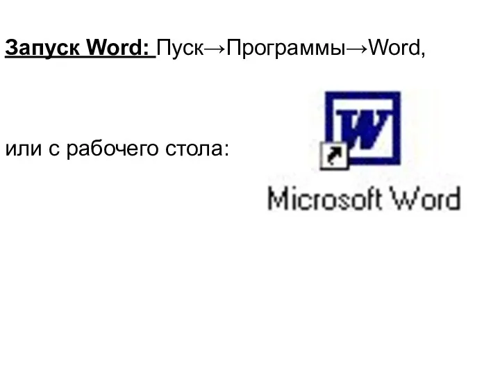 Запуск Word: Пуск→Программы→Word, или с рабочего стола: