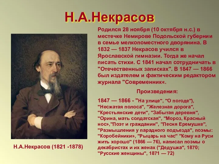 Н.А.Некрасов Н.А.Некрасов (1821 -1878) Родился 28 ноября (10 октября н.с.) в